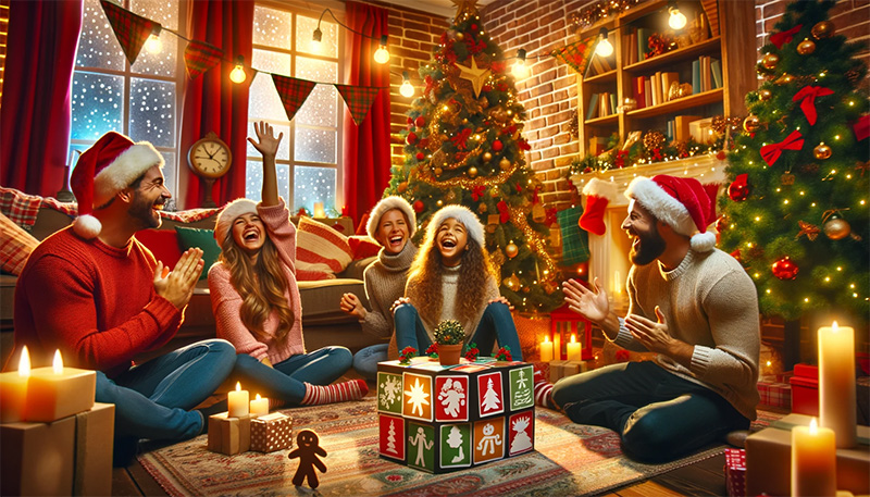 Happy Group Playing Christmas Carol Charades