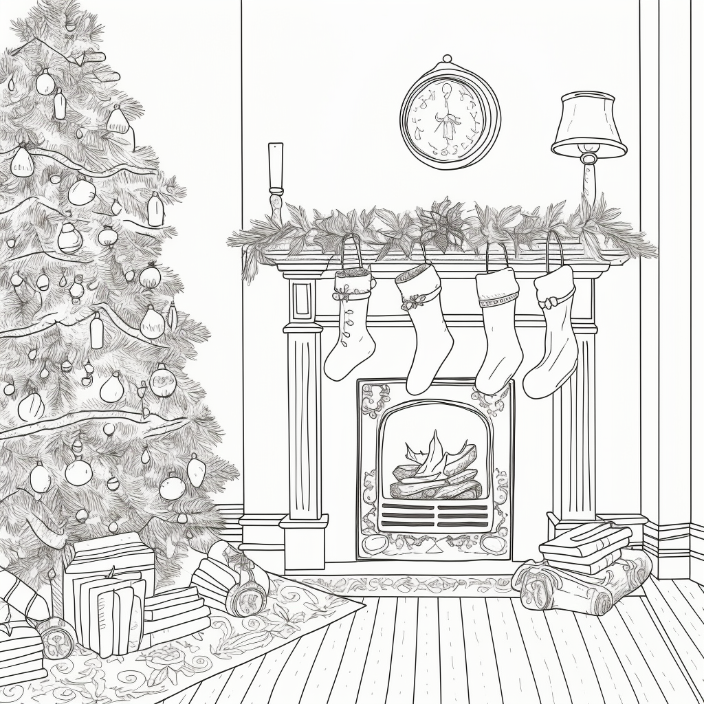 Christmas Tree by the Fireplace - Coloring Page
