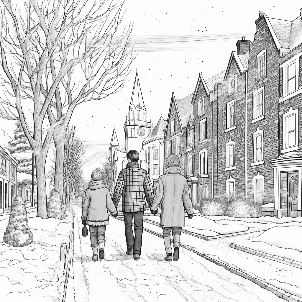 Family Walking Hand-in-Hand at Christmas - Coloring Page