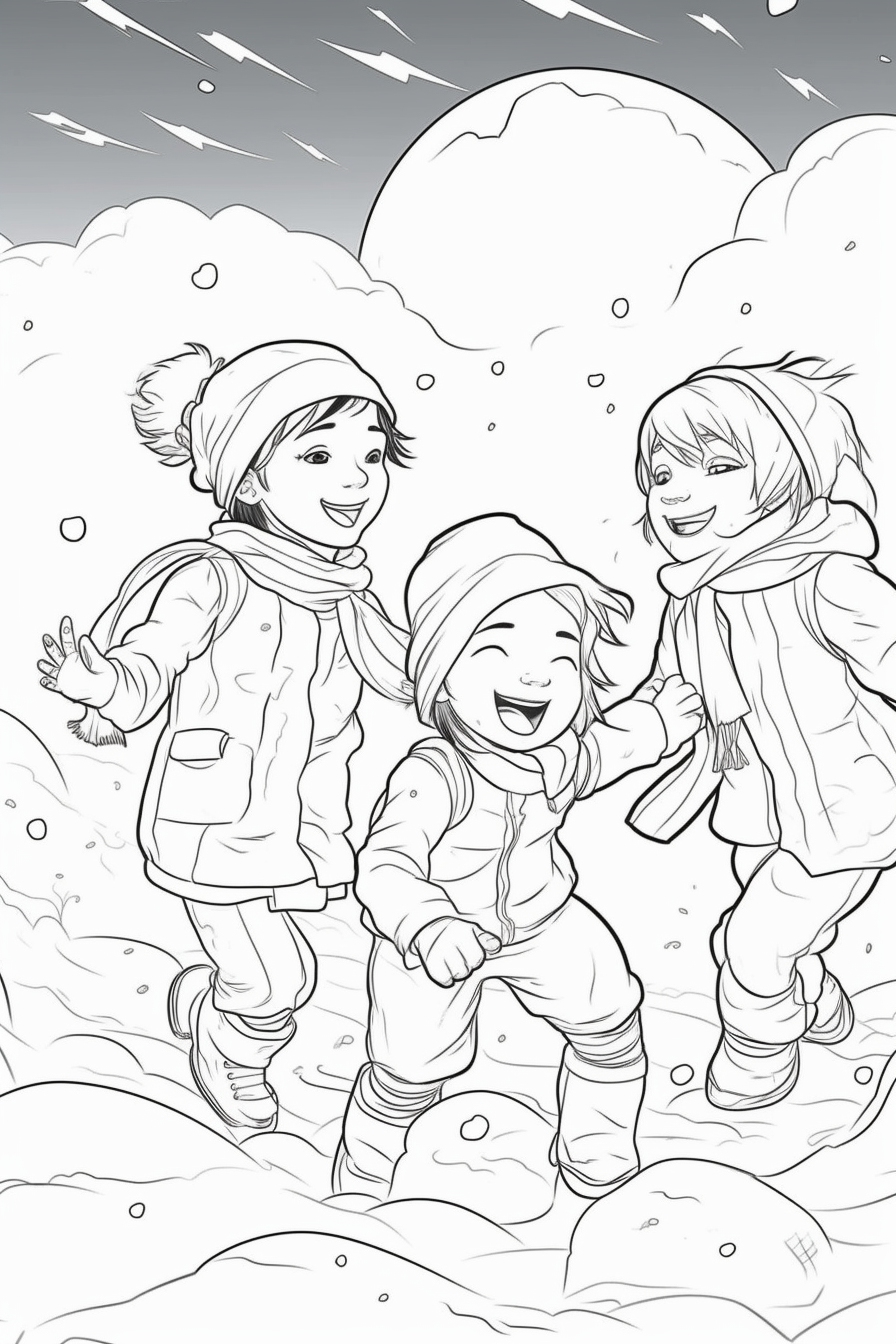 Three Girls Playing in the Snow - Coloring Page