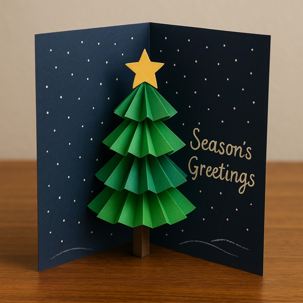 Open navy card with a layered green pop up Christmas tree and a gold star on a star dotted night sky